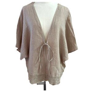 Lara Guidotti Tie-Front Kimono One Size Beige 100% Linen Crochet Layering Italy